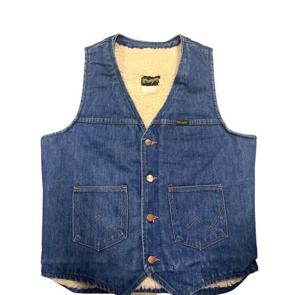 Vintage Wrangler No Fault Made in USA Sherpa Lined Blue Denim Vest Size Large - Picture 1 of 6
